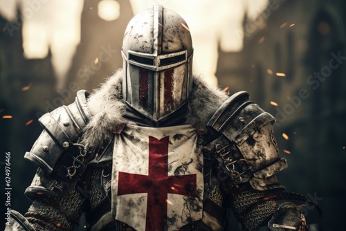 Templar knight with armor, bokeh background, history and fantasy concept. Generative AI photo