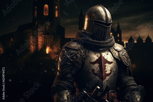 Templar knight with armor, bokeh background, history and fantasy concept. Generative AI
