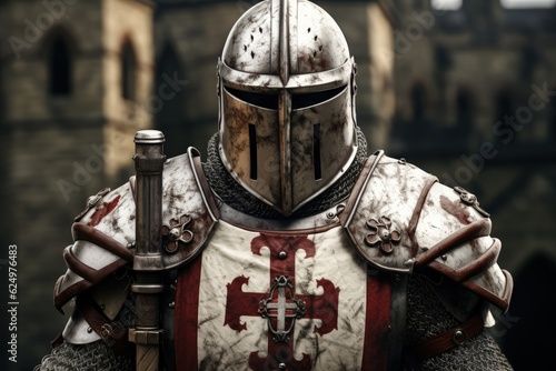 Templar knight with armor, bokeh background, history and fantasy concept. Generative AI