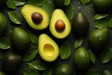 Green background with avocados and leaves, tropical fruit concept. Generative AI