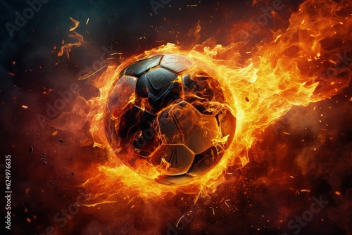 Soccer ball on fire, sports concept, black background. Generative AI © Deivison