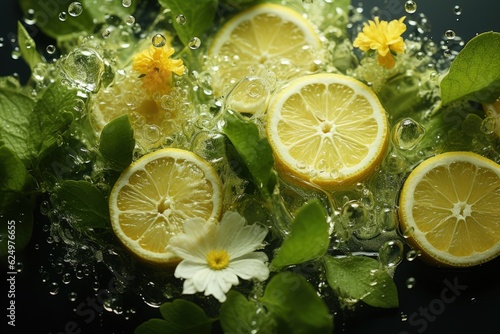 Lemons with flowers and water in the background, citrus and tropical fruit concept. Generative AI