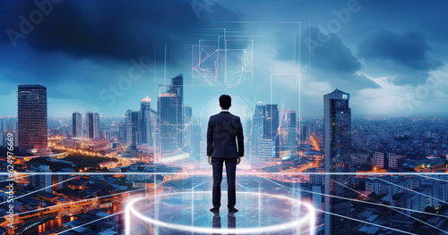 Business Man with Futuristic Technology Information Background
