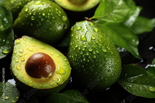 Green background with avocados and leaves, tropical fruit concept. Generative AI