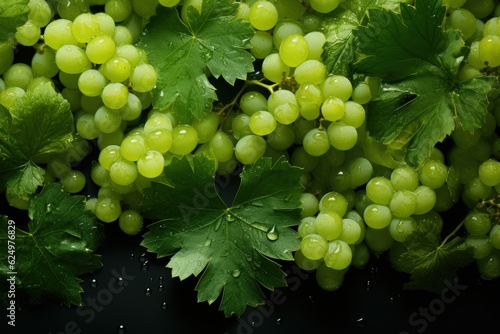 Bunches of green grapes and water drops, tropical fruit concept. Generative AI