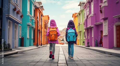 Children with colorful backpacks going to school, studies concept. Generative AI photo