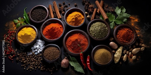 Digital illustration of various spices and condiments, Indian cuisine. Generative AI photo
