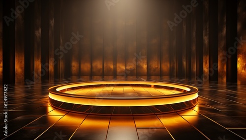 Gold empty podium floating in the air in dark scene with wall of line vertical gold neon lamps around