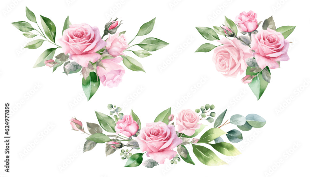 Watercolor pink rose flower and leaf bouquet clipart collection isolated on white background vector illustration set. 