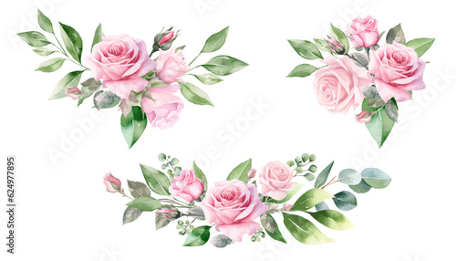 Watercolor pink rose flower and leaf bouquet clipart collection isolated on white background vector illustration set. 
