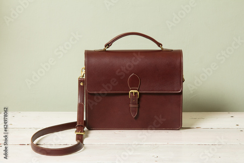 A leather briefcase with shoulder stripe