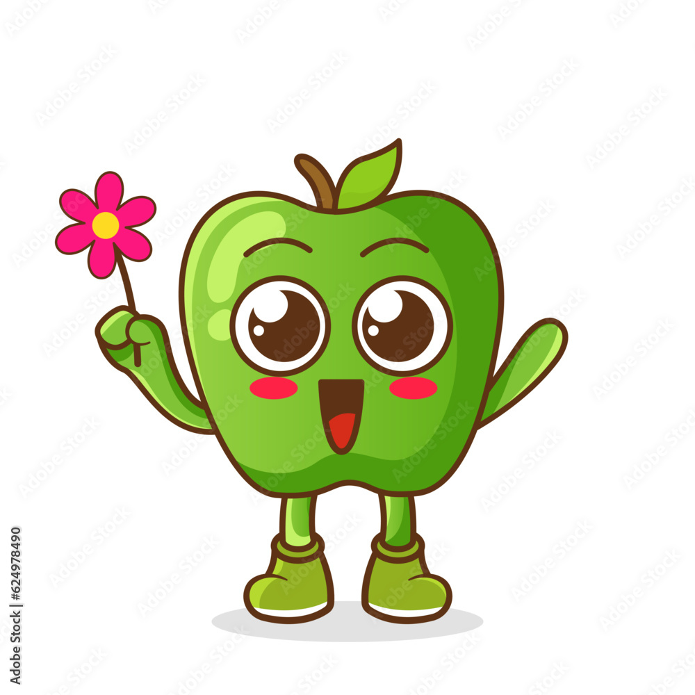 Obraz premium Cute cartoon green apple fruit character holding flower