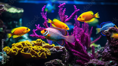 A vibrant underwater world with a school of colorful fish swimming in an aquarium