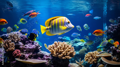A vibrant coral reef teeming with a diverse array of fish species