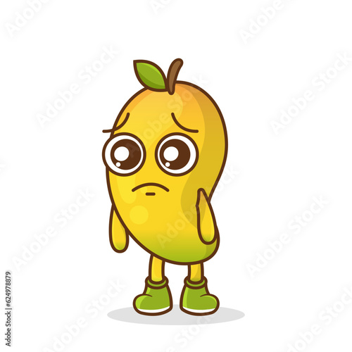 Cute sad mango fruit character, mango character with sad emotion, face, depressive eyes