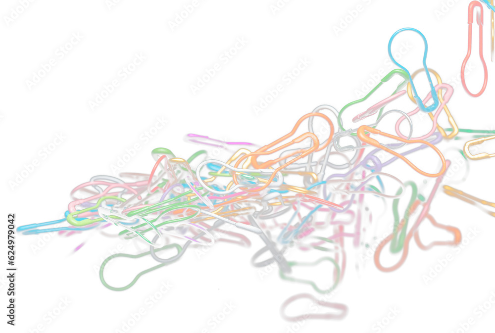 Fototapeta premium Fashion Safety Pin brooch pour fall down, explosion in air. Many safety pin big size colorful splash fly in group floating. Black background isolated freeze motion