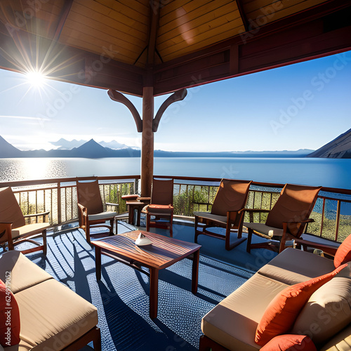 Terraza con mesa sillas y sofás con vistas al mar y a unas montañas en un día soleado  © Cade Foster 