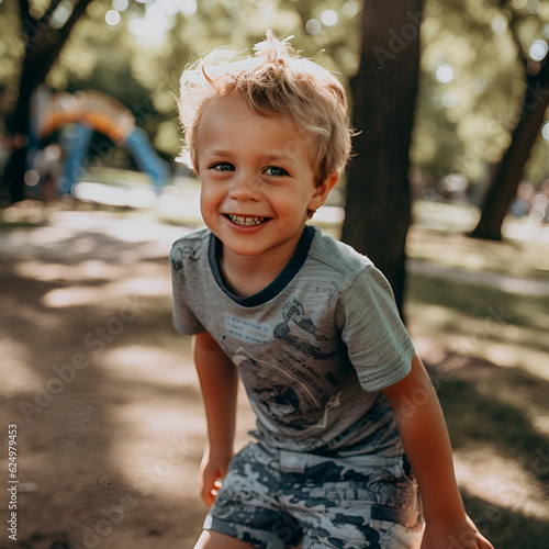 little boy smiling playing at a park on a sunny day - generative ai