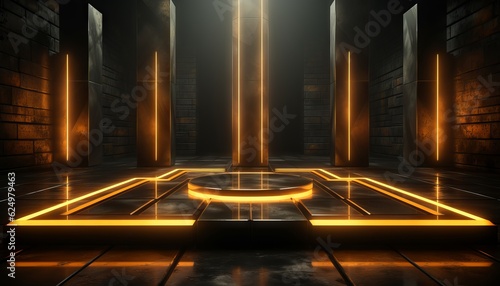 Gold empty podium floating in the air in dark scene with wall of line vertical gold neon lamps around