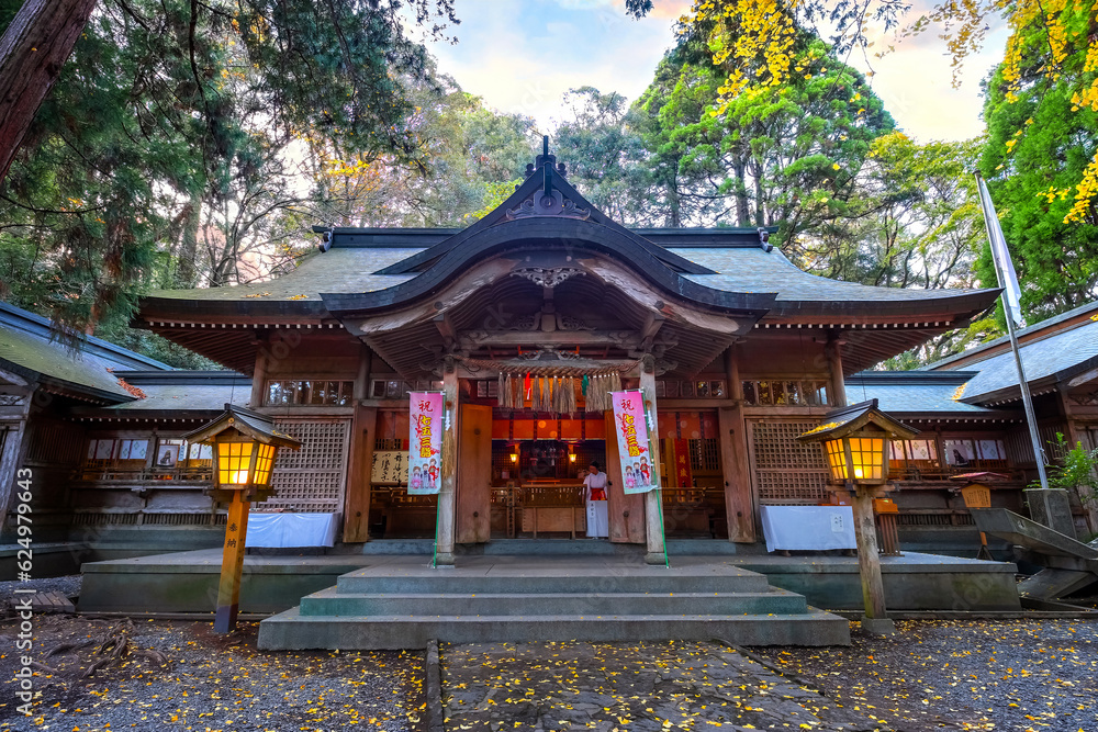 Miyazaki, Japan - Nov 24 2022: Takachiho Shrine founded over 1,900 year, Ninigi no Mikoto, the grandchild of Amaterasu Omikami. It's widely worshipped for its deity of marriage and purification Miyazaki, Japan - Nov 24 2022: Takachiho Shrine founded over 1,900 year, Ninigi no Mikoto, the grandchild of Amaterasu Omikami. It's widely worshipped for its deity of marriage and purification