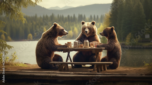 Fototapeta Naklejka Na Ścianę i Meble -  Three Bears Having a Picnic in a Forest