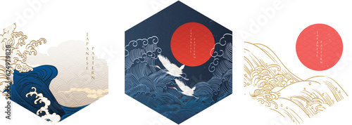 Japanese background with hand drawn wave elements in geometric shape vector. Red sun and moon with abstract line pattern. Template design in oriental style.