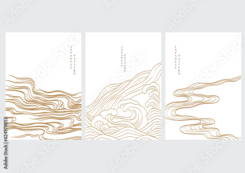 Japanese background with hand drawn wave elements vector. Gold line pattern with ocean object in vintage style.