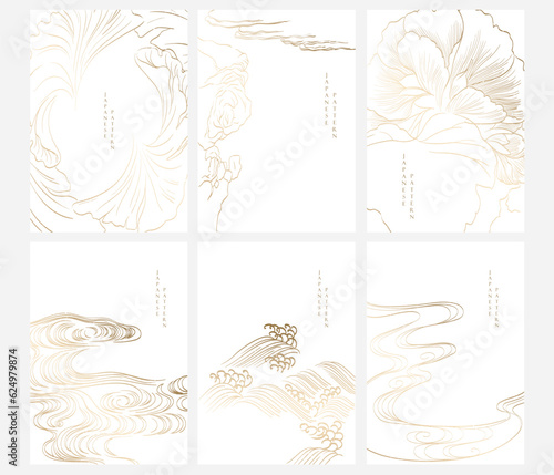 Hand drawn wave and flower decorations with Japanese background vector. Oriental template with gold line pattern in vintage style.