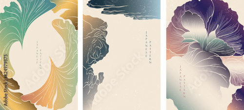 Japanese background Natural banner design. Abstract art boarders with hand drawn line vector in vintage style. 