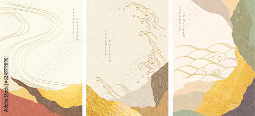 Japanese background with hand drawn wave decorations vector. Abstract template with mountain in oriental style with gold texture.