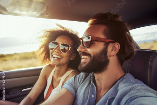 Smiling interracial couple on a road trip, laughing and embracing the journey together. Their carefree expressions reflect love, joy, and the freedom of travel.  © Six Hen Media