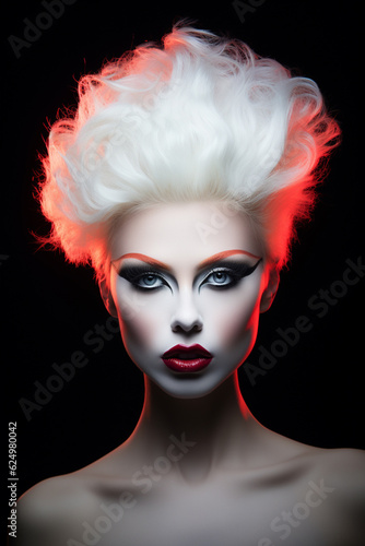 Seductive goth style female with white hair, red lips, bare shoulders and chest. Neon red lighting adds the perfect ambience. (AR 2:3)