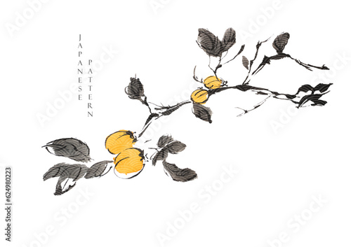 Plum tree chinese painting with Japanese wave pattern vector. Brush stroke element with nature background.