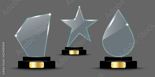 Glass award, trophy. Glass figure of a shield, stars, drops. Glass figures on a stand. Vector illustration. stock image.