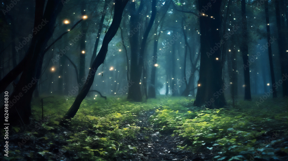 Obraz premium fire fly in deep forest in autumn at the night, create using generative AI tools