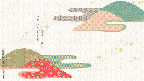 Japanese background with Asian traditional decoration pattern vector. Oriental banner design with abstract art elements in vintage style. Mountain landscape template.