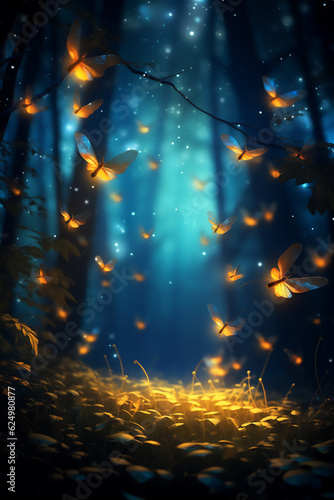 fire fly in deep forest in autumn at the night, create using generative AI tools