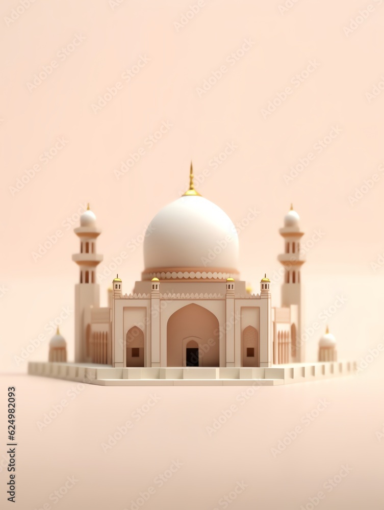 Obraz premium 3D islamic mosque illustration for banner social media, gold, minimalist, eid fitr, eid adha, ramdhan kareem, muharam, islamic new year