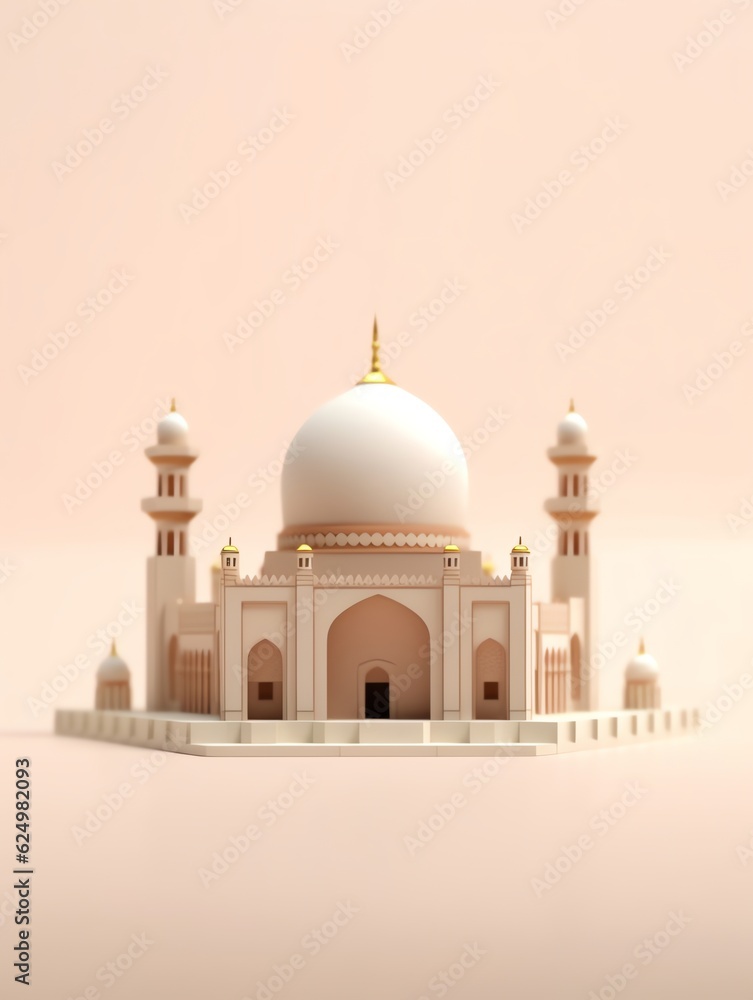 3D islamic mosque illustration for banner social media, gold, minimalist, eid fitr, eid adha, ramdhan kareem, muharam, islamic new year