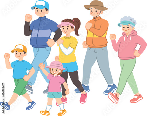 元気に歩く家族　ウォーキングを楽しむ家族