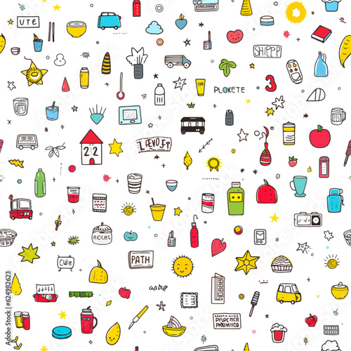 Many cute, fun, colorful everyday objects pattern background. Lifestyle themed simple doodle seamless vector illustration