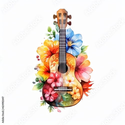 guitar and flowers colorfull watercolor isolated on white background
