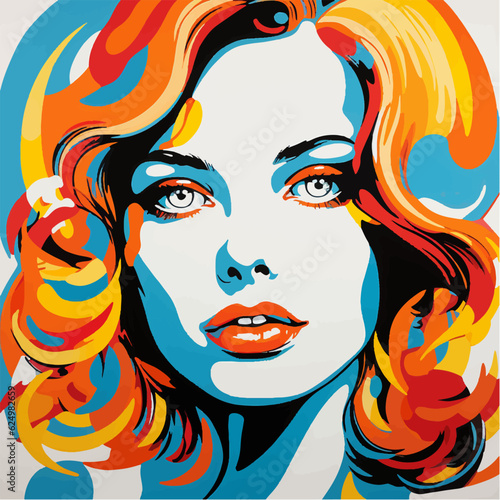 Beautiful colorful portrait of a pretty young woman with curly hair. Vibrant orange and blue pop art illustration of a sad  thoughtful lady close-up face