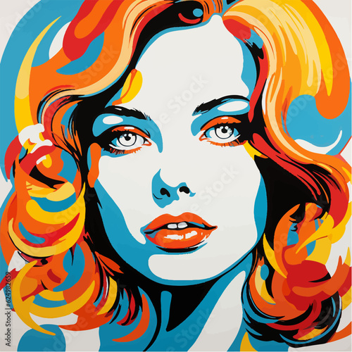 Beautiful colorful portrait of a pretty young woman with curly hair. Vibrant orange and blue pop art illustration of a sad, thoughtful lady close-up face