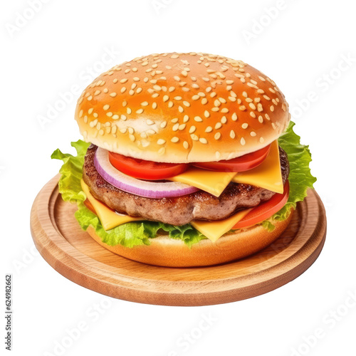 Delicious beef burger on board with, transparent background