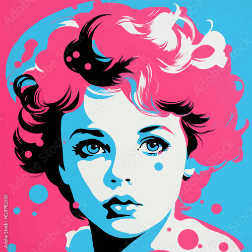 Beautiful colorful portrait of a little serious girl with short curly hair. Vibrant pink and blue pop art illustration of an innocent young child close-up face