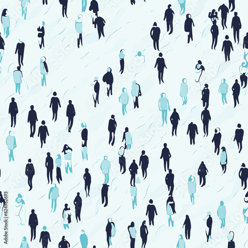 Many little figures of people walking and standing outside alone. Simple graphic illustration of a crowd in winter, seamless editable pattern