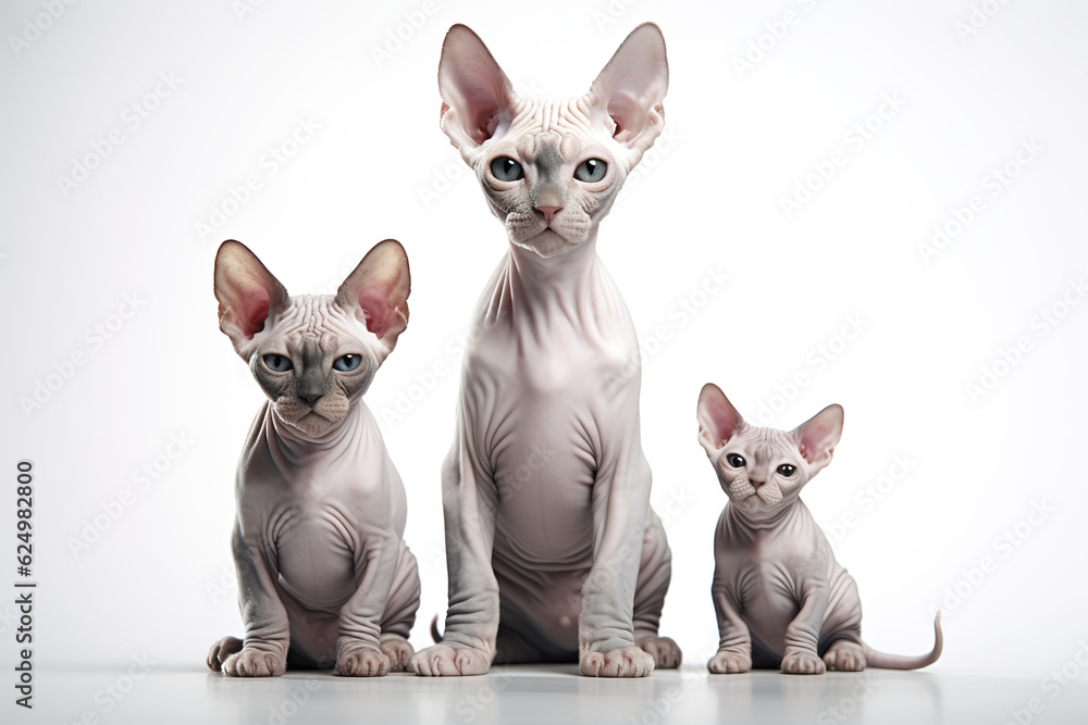 Image of family group of sphynx cats on white background. Pet. Animals. Illustration, Generative AI.