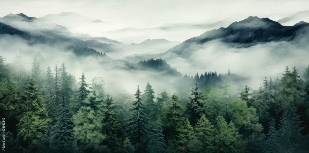 Dark Misty green forest, with mountains covered in fog in the background.