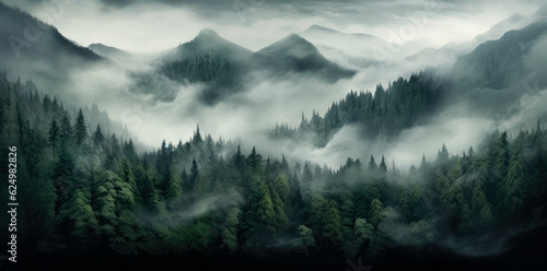 Dark Misty green forest, with mountains covered in fog in the background. © Saulo Collado
